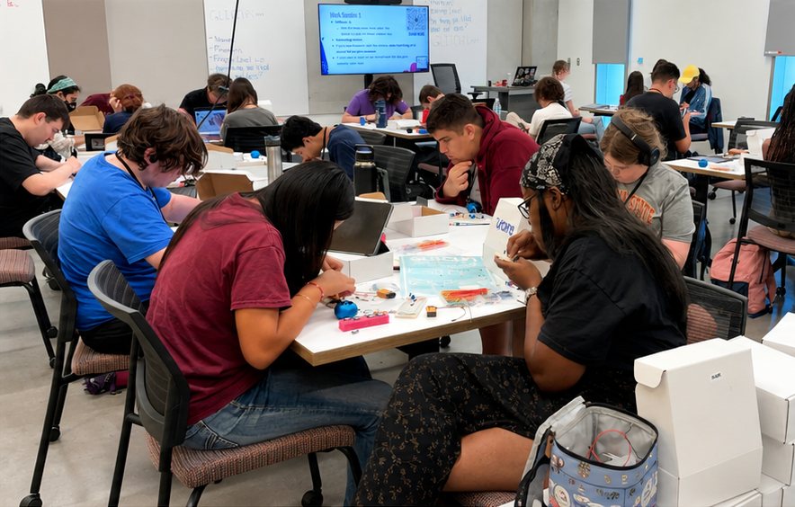 A classroom of young people building circuits at tables, a lesson on the screen at the front